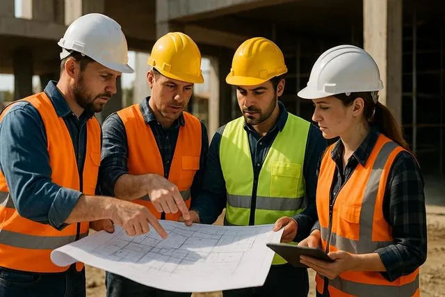 Équipe professionnelle du bâtiment sur chantier, plans et équipements de sécurité